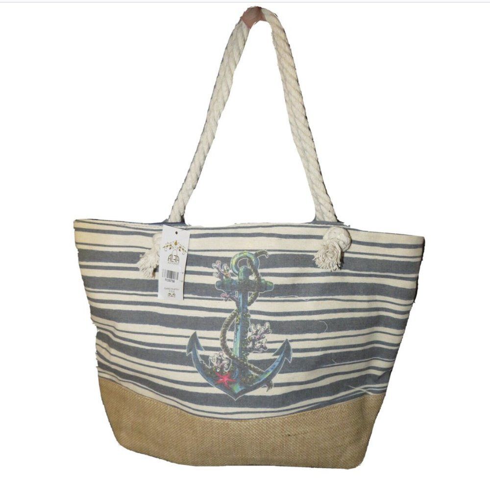 Nautical Anchor Striped Rope Handle Zip Top Large Tote Bag
